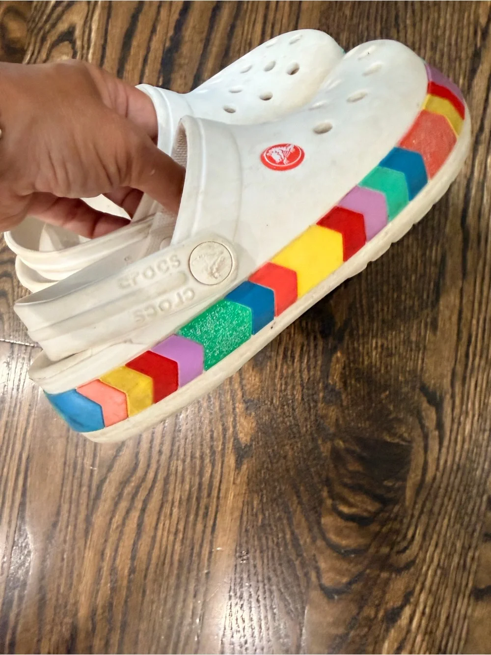 CROCS Kids White Clogs with Rainbow Side Hearts